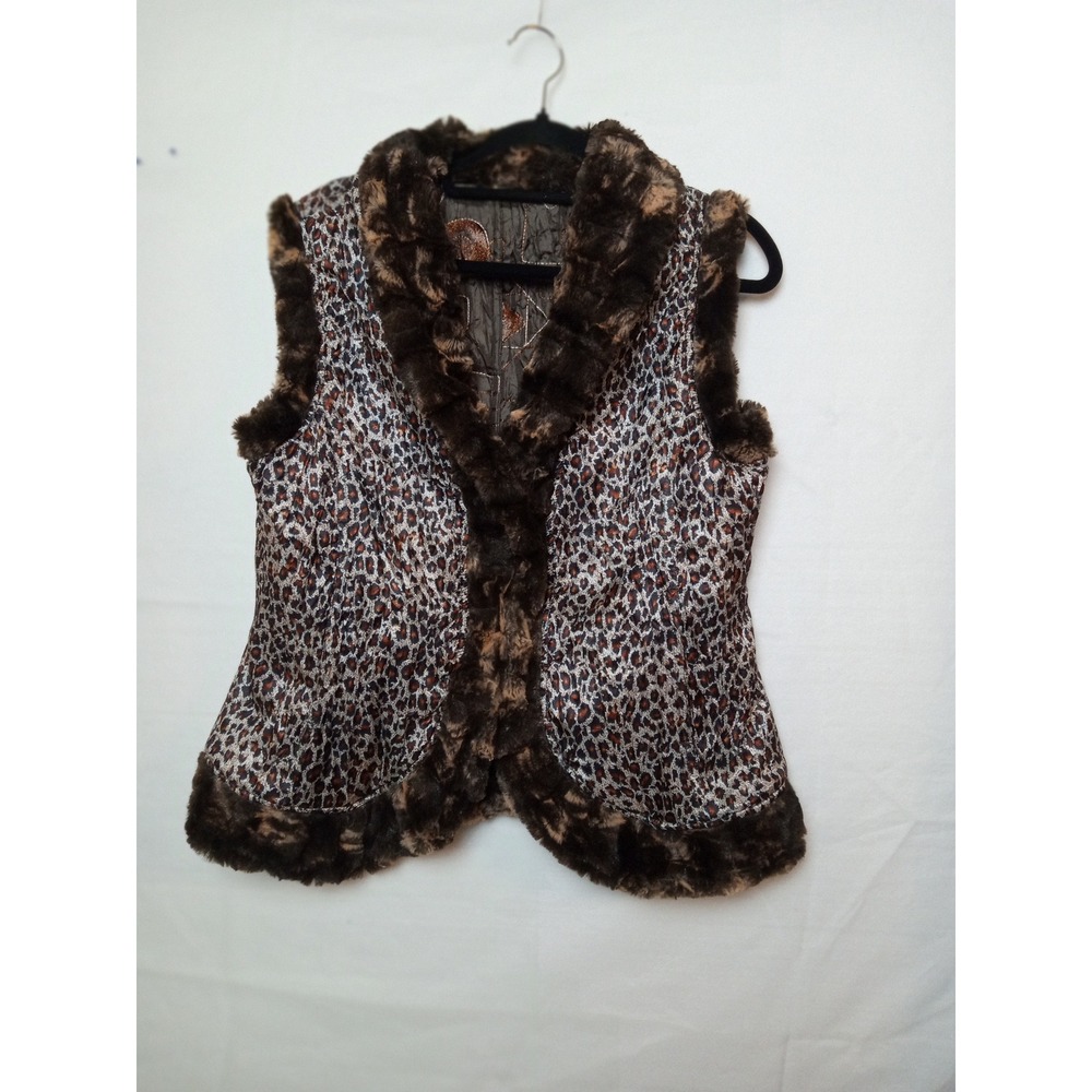 Lindi Faux Fur Leopard Print Vest Brown Trim Sleeveless Jacket Womens Size L
